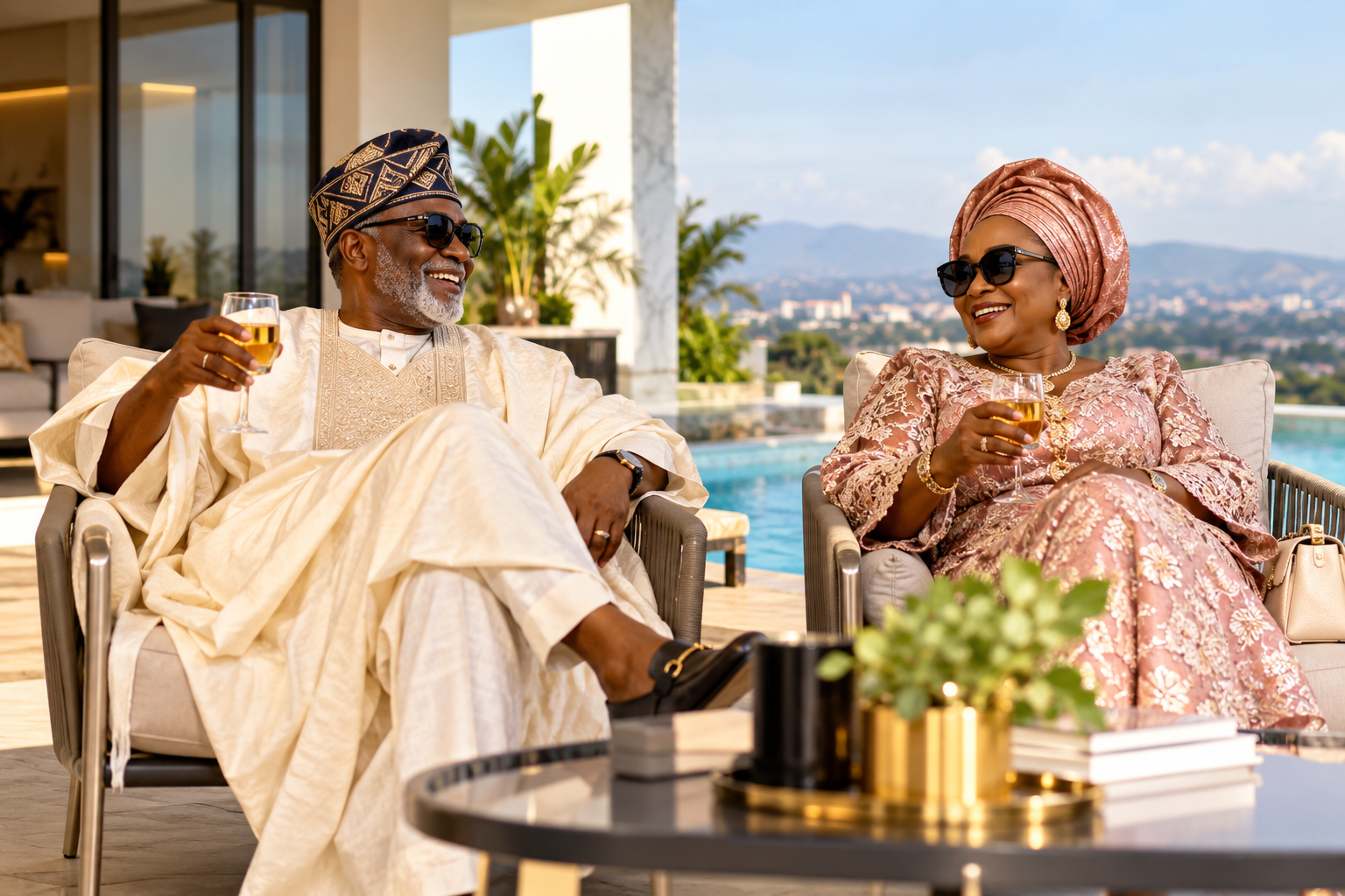 A joyful elder couple celebrating together outdoors
