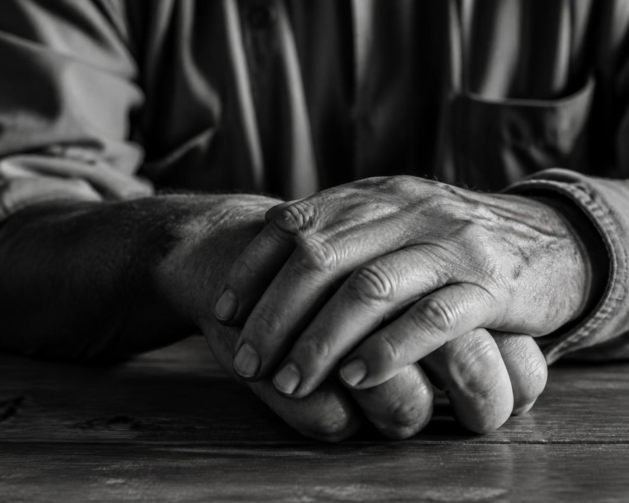 Close-up of an elder's hands resting on a table